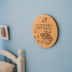 DIY MDF Space Theme Personalized Name Plate – Boy Sitting on Planet with Stars & Saturn uncoloured.
