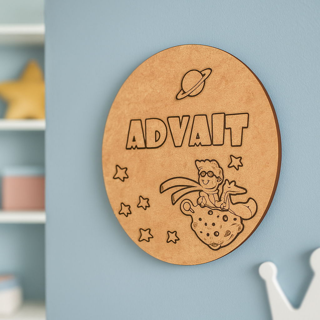 DIY MDF Space Theme Personalized Name Plate – Boy Sitting on Planet with Stars & Saturn uncoloured.