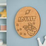 DIY MDF Space Theme Personalized Name Plate – Boy Sitting on Planet with Stars & Saturn uncoloured.