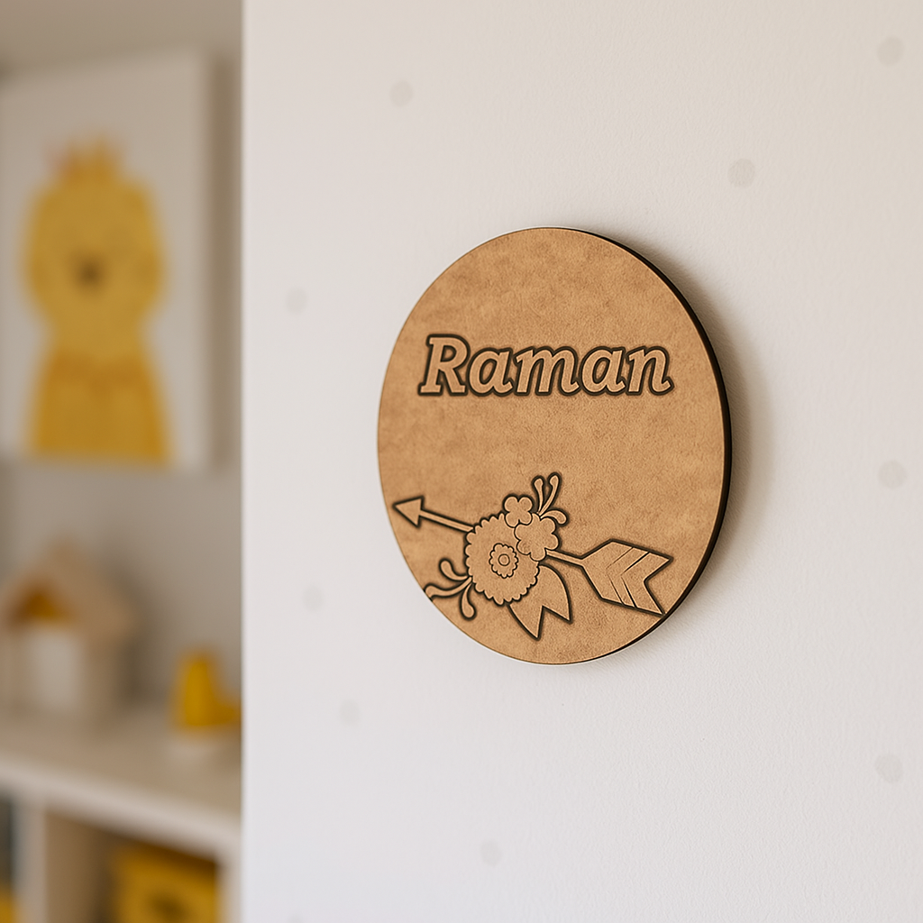 DIY MDF Arrow & Floral Personalized Name Plate – Engraved Craft Base for Kids uncoloured.