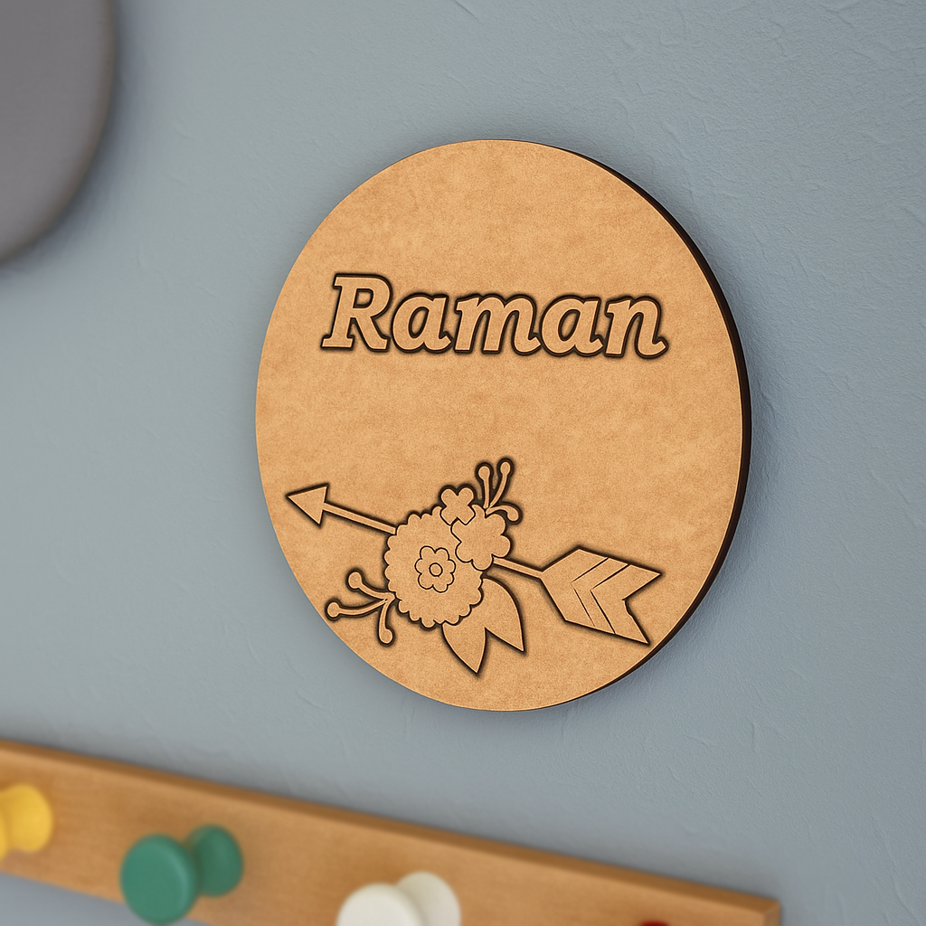 DIY MDF Arrow & Floral Personalized Name Plate – Engraved Craft Base for Kids uncoloured.