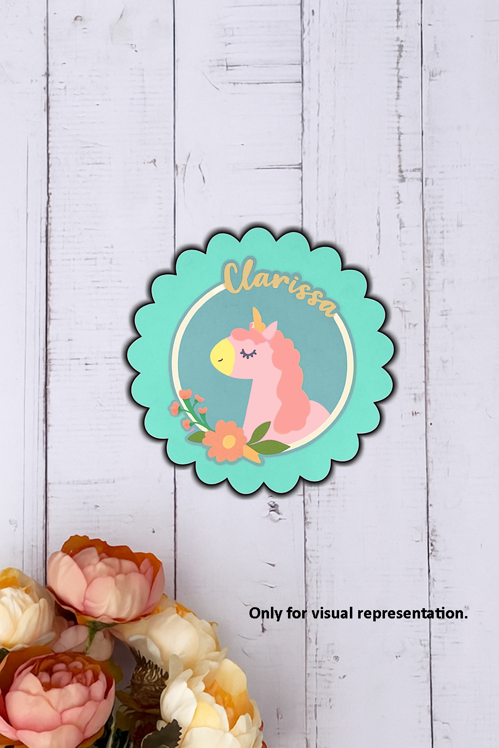 DIY Unicorn Floral MDF Name Plate with Scalloped Edge – Personalized Engraved Craft Base for Kids