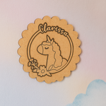 DIY Unicorn Floral MDF Name Plate with Scalloped Edge – Personalized Engraved Craft Base for Kids uncoloured.