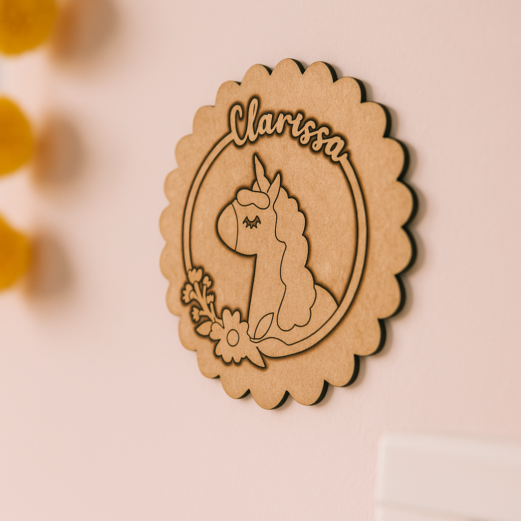 DIY Unicorn Floral MDF Name Plate with Scalloped Edge – Personalized Engraved Craft Base for Kids uncoloured.