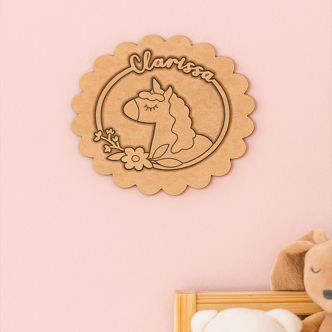 DIY Unicorn Floral MDF Name Plate with Scalloped Edge – Personalized Engraved Craft Base for Kids uncoloured.