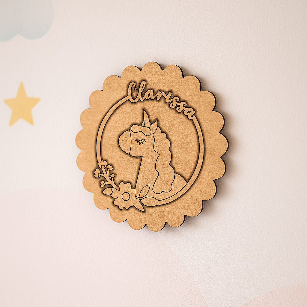 DIY Unicorn Floral MDF Name Plate with Scalloped Edge – Personalized Engraved Craft Base for Kids uncoloured.