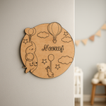 DIY MDF Hot Air Balloon Name Plate – Personalized Engraved Craft Base with Balloons, Clouds & Stars uncoloured.