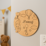 DIY MDF Hot Air Balloon Name Plate – Personalized Engraved Craft Base with Balloons, Clouds & Stars uncoloured.