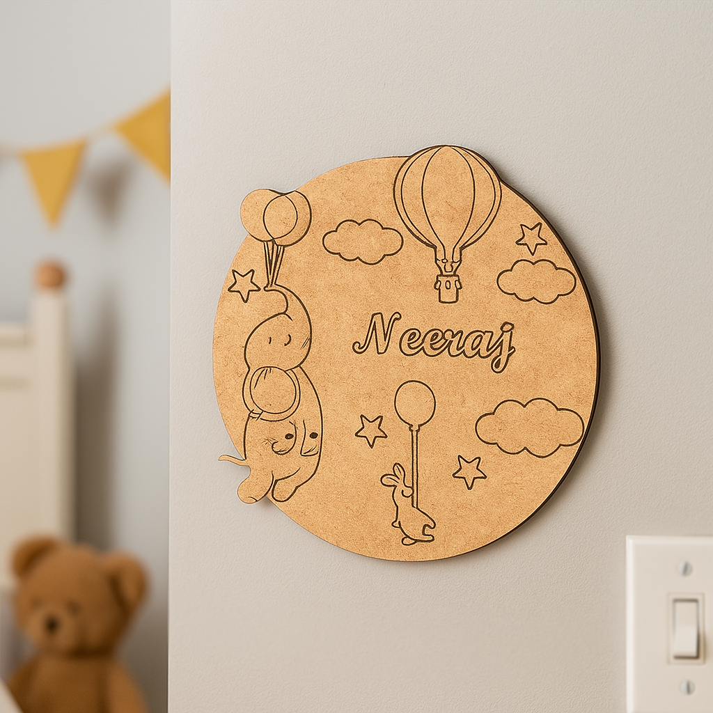 DIY MDF Hot Air Balloon Name Plate – Personalized Engraved Craft Base with Balloons, Clouds & Stars uncoloured.