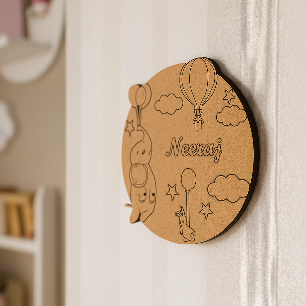 DIY MDF Hot Air Balloon Name Plate – Personalized Engraved Craft Base with Balloons, Clouds & Stars uncoloured.