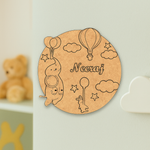 DIY MDF Hot Air Balloon Name Plate – Personalized Engraved Craft Base with Balloons, Clouds & Stars uncoloured.