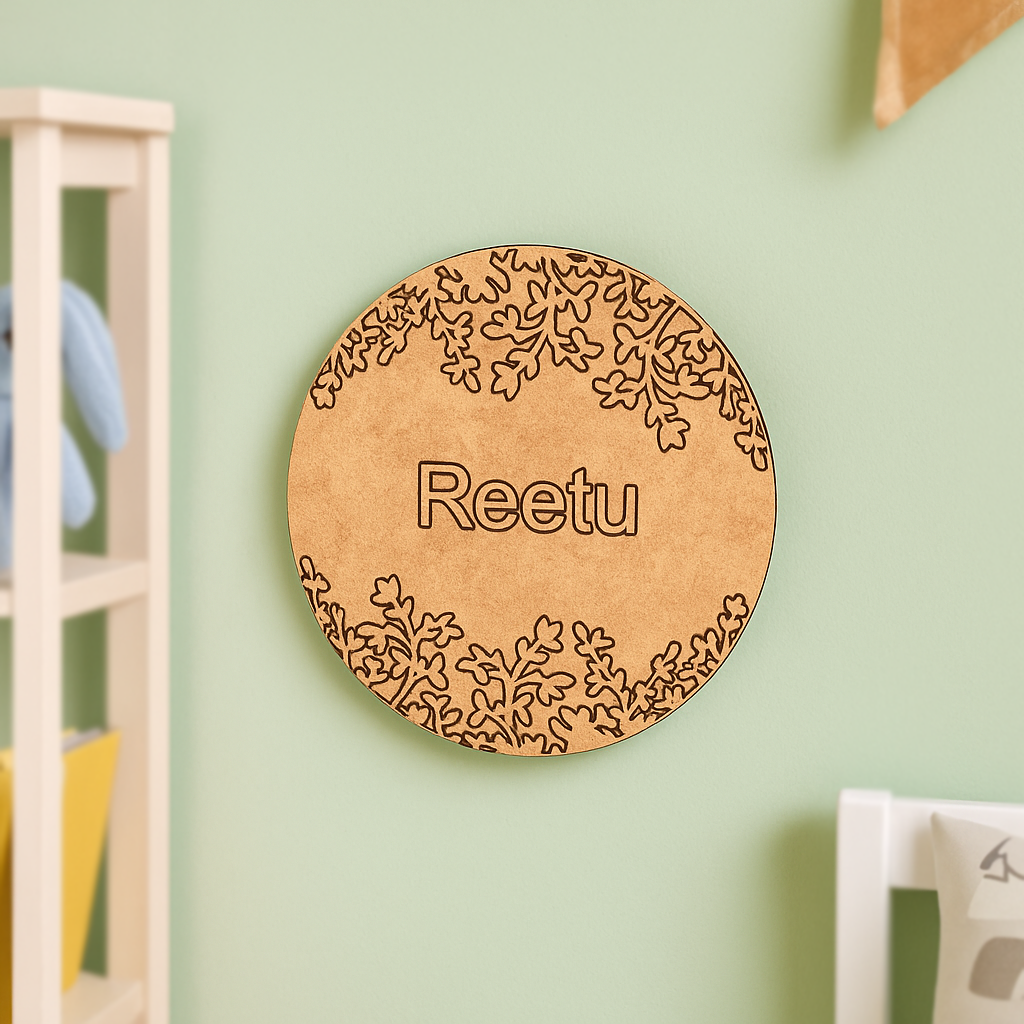 DIY MDF Leafy Border Name Plate – Personalized Engraved Craft Base for Kids uncoloured.