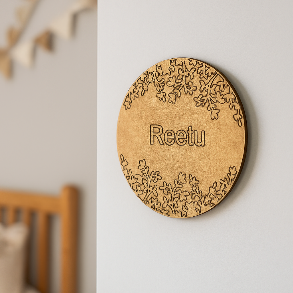 DIY MDF Leafy Border Name Plate – Personalized Engraved Craft Base for Kids uncoloured.