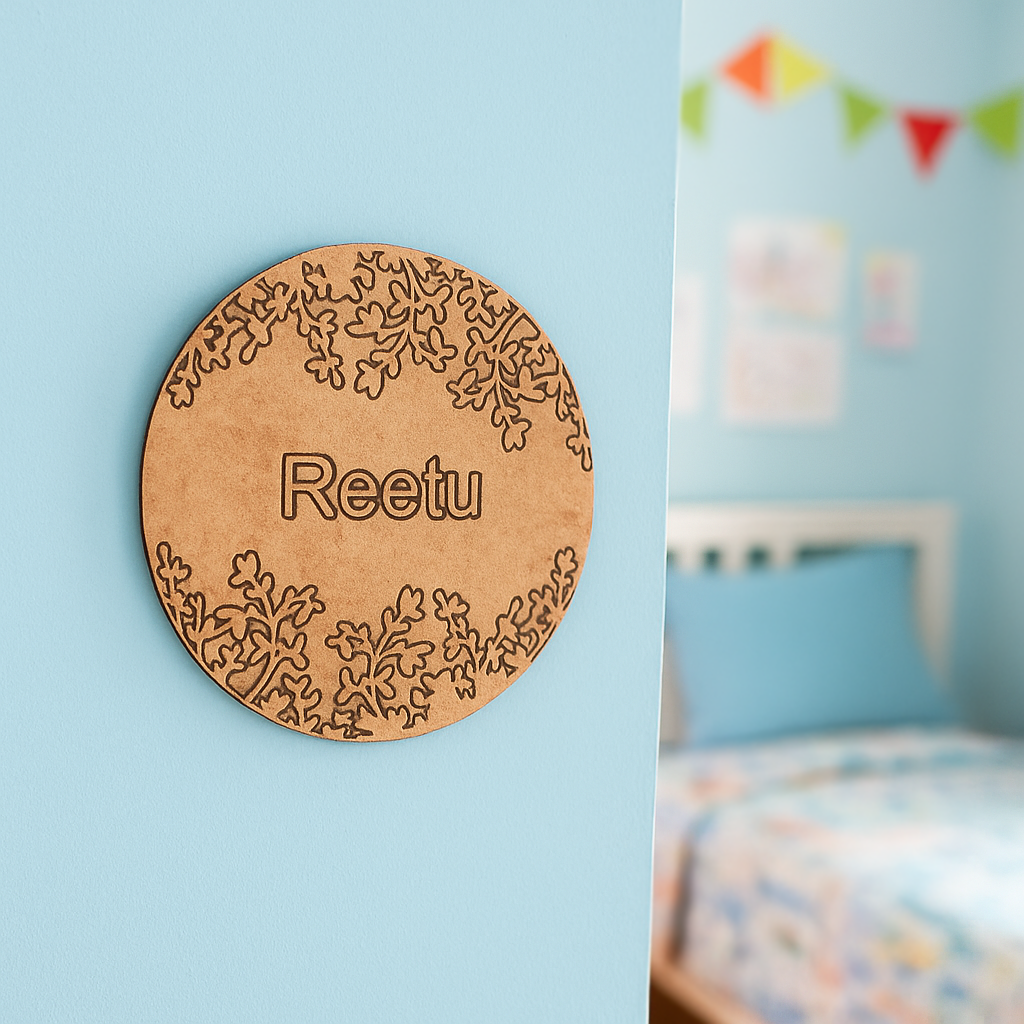 DIY MDF Leafy Border Name Plate – Personalized Engraved Craft Base for Kids uncoloured.