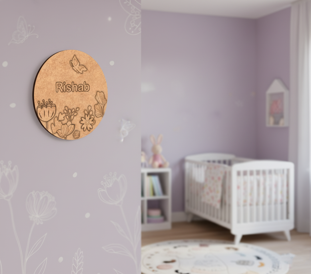 DIY Floral Garden MDF Name Plate with Engraved Butterfly & Flowers – uncoloured.