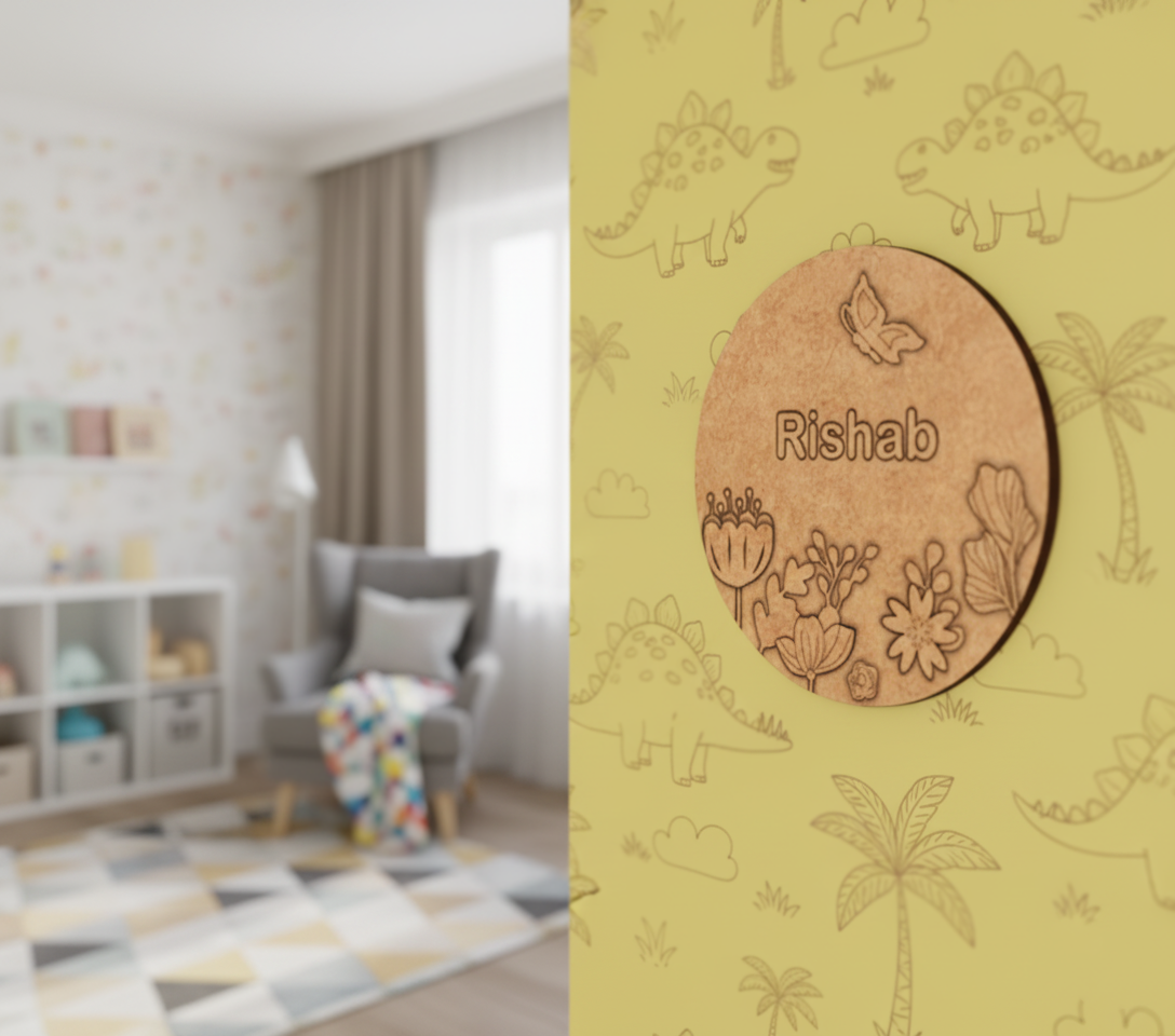 DIY Floral Garden MDF Name Plate with Engraved Butterfly & Flowers – uncoloured.
