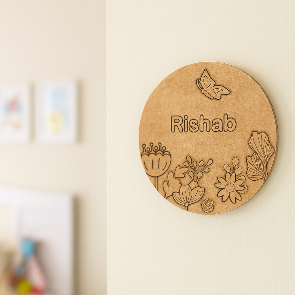 DIY Floral Garden MDF Name Plate with Engraved Butterfly & Flowers – uncoloured.