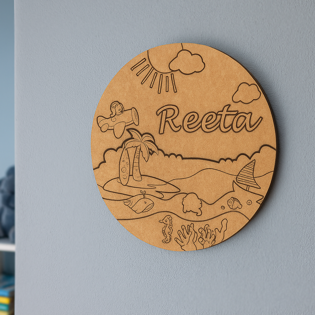 DIY MDF Beach & Ocean Theme Name Plate with Sun, Waves & Fishes – Personalized Craft Base for Kids uncoloured.