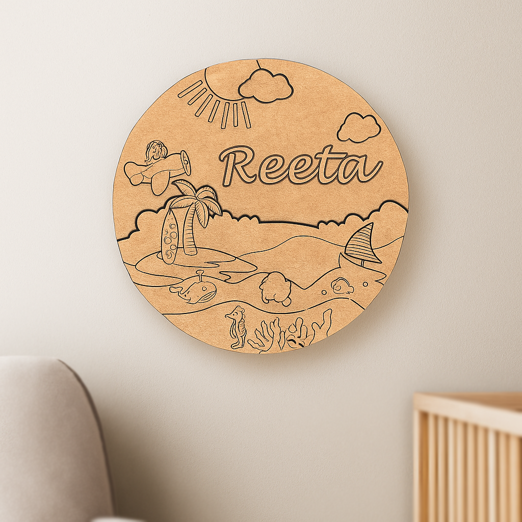 DIY MDF Beach & Ocean Theme Name Plate with Sun, Waves & Fishes – Personalized Craft Base for Kids uncoloured.