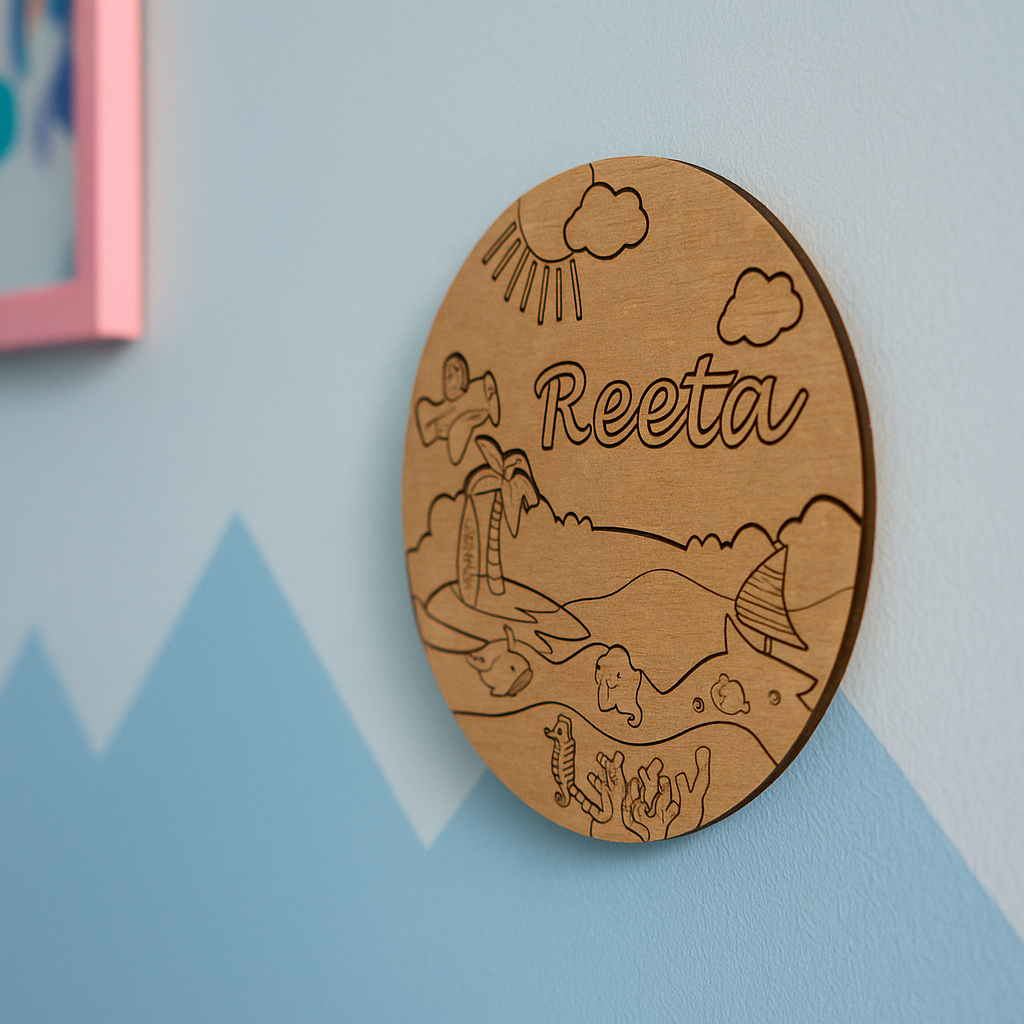 DIY MDF Beach & Ocean Theme Name Plate with Sun, Waves & Fishes – Personalized Craft Base for Kids uncoloured.