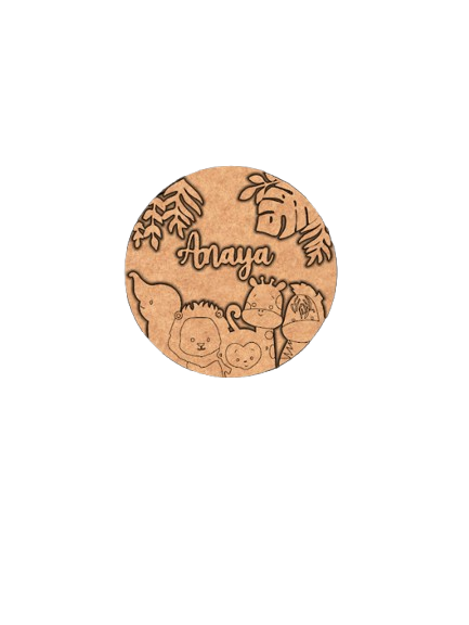 DIY Jungle Animals MDF Name Plate with Personalized Engraving – Elephant, Lion, Giraffe & Monkey Design uncoloured