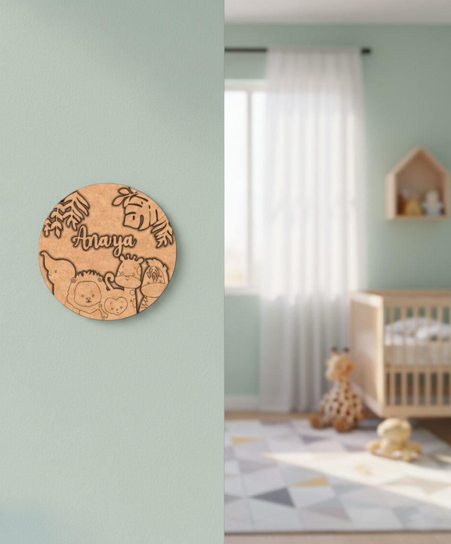 DIY Jungle Animals MDF Name Plate with Personalized Engraving – Elephant, Lion, Giraffe & Monkey Design uncoloured.