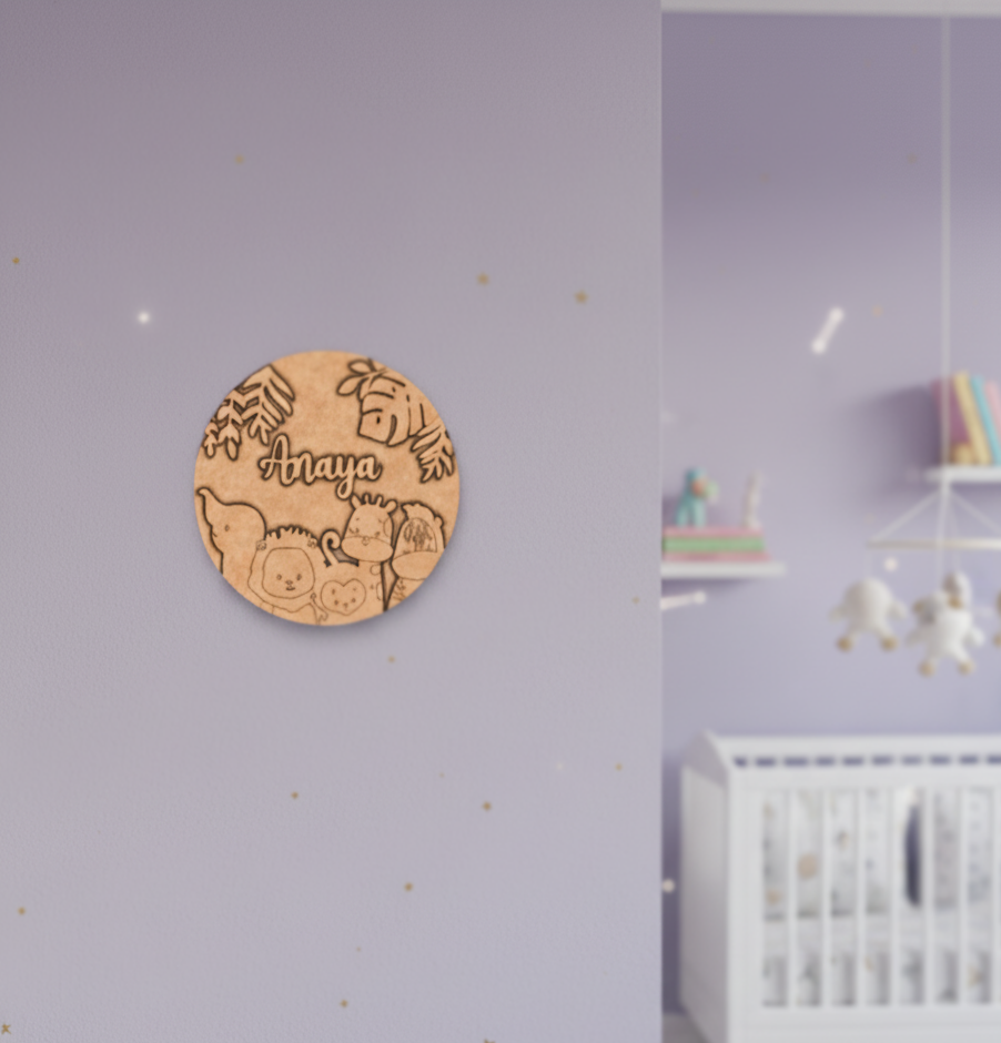 DIY Jungle Animals MDF Name Plate with Personalized Engraving – Elephant, Lion, Giraffe & Monkey Design uncoloured.