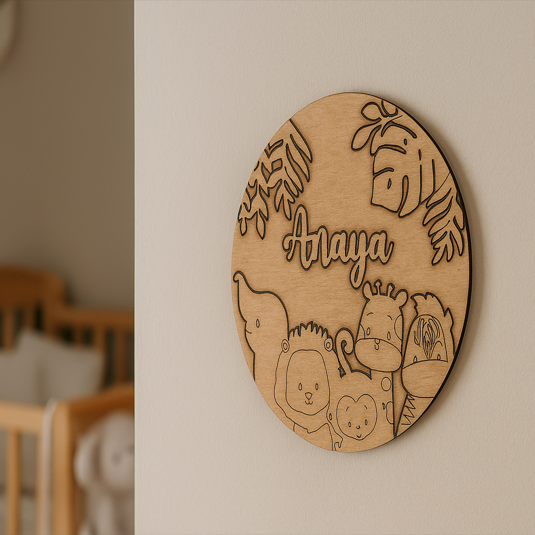 DIY Jungle Animals MDF Name Plate with Personalized Engraving – Elephant, Lion, Giraffe & Monkey Design uncoloured.