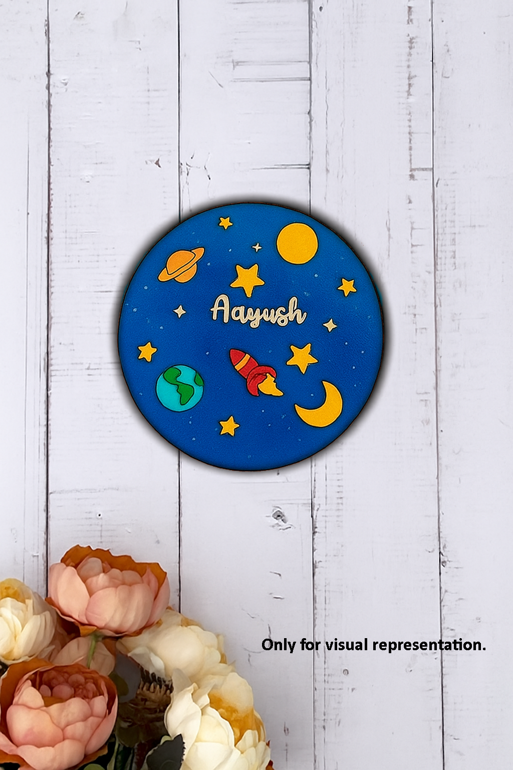 DIY Space Starry Night MDF Name Plate – Personalized Engraved Rocket, Moon & Planets Design for Kids