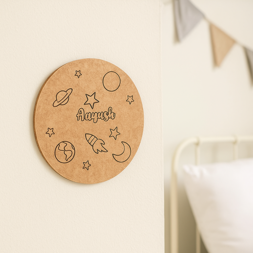 DIY Space Starry Night MDF Name Plate – Personalized Engraved Rocket, Moon & Planets Design for Kids uncoloured.