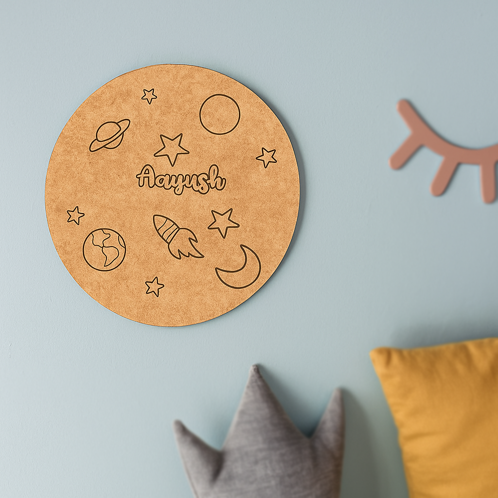 DIY Space Starry Night MDF Name Plate – Personalized Engraved Rocket, Moon & Planets Design for Kids uncoloured.