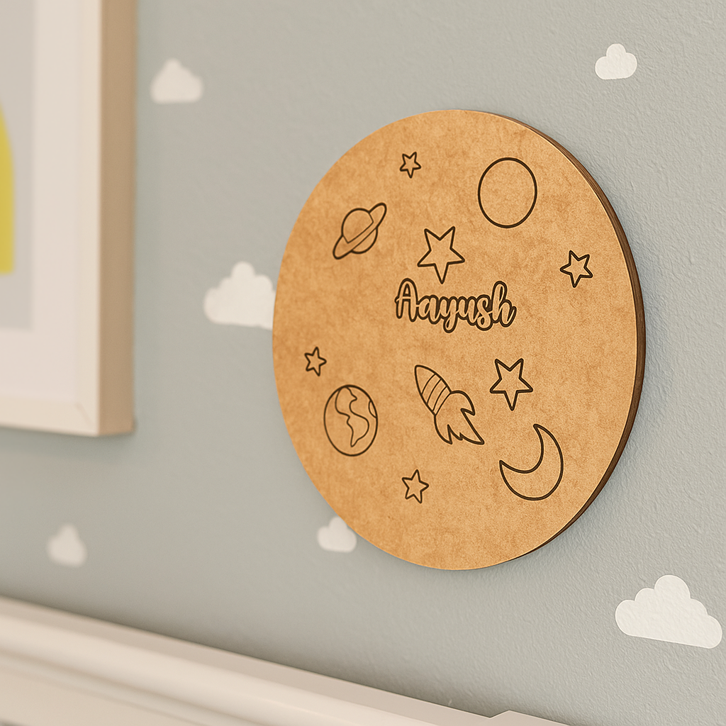 DIY Space Starry Night MDF Name Plate – Personalized Engraved Rocket, Moon & Planets Design for Kids uncoloured.