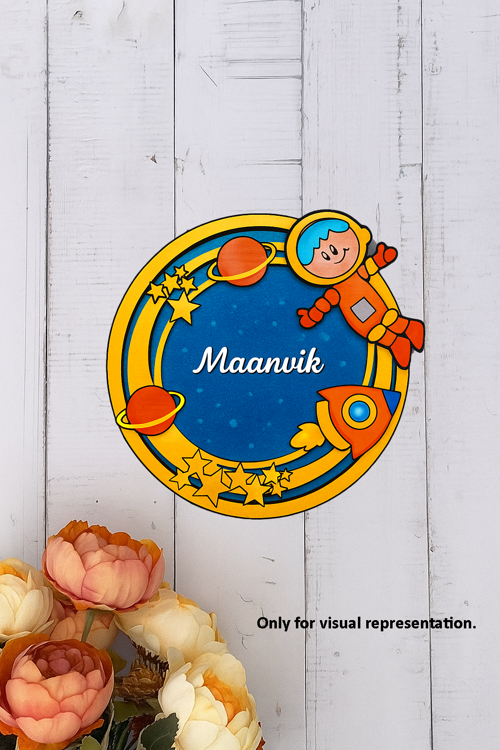 DIY MDF Space Ring Name Plate with Astronaut, Rocket & Planets – Personalized Engraved Craft Base