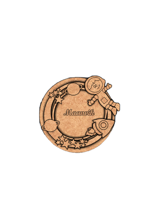 DIY MDF Space Ring Name Plate with Astronaut, Rocket & Planets – Personalized Engraved Craft Base uncoloured 