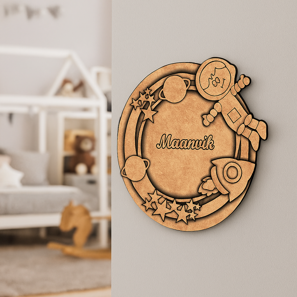 Decorative DIY MDF wall plaque with space-themed design and 'Maanik' engraving in a room setting.