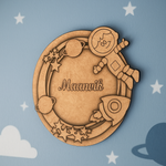 DIY MDF Space Ring Name Plate with Astronaut, Rocket & Planets – Personalized Engraved Craft Base uncoloured.