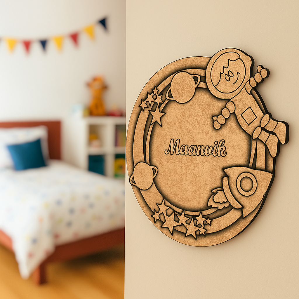 DIY MDF Space Ring Name Plate with Astronaut, Rocket & Planets – Personalized Engraved Craft Base uncoloured.