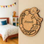 DIY MDF Space Ring Name Plate with Astronaut, Rocket & Planets – Personalized Engraved Craft Base uncoloured.