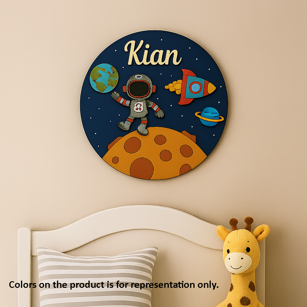 DIY astronaut-themed personalized MDF kids name plate with custom name “Kian”. Colourful representation of the product.