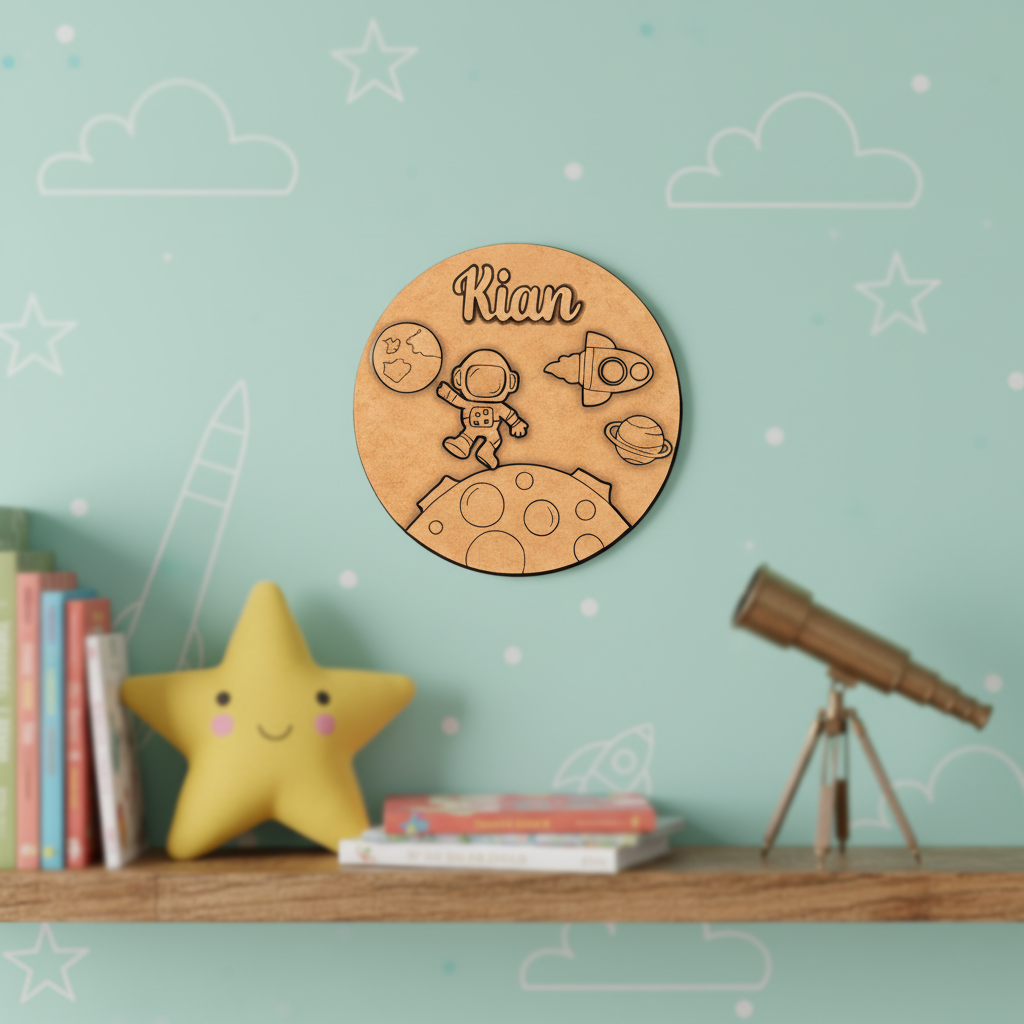 Round wooden cutout with space-themed design and 'Kian' engraved, on a light wooden background.