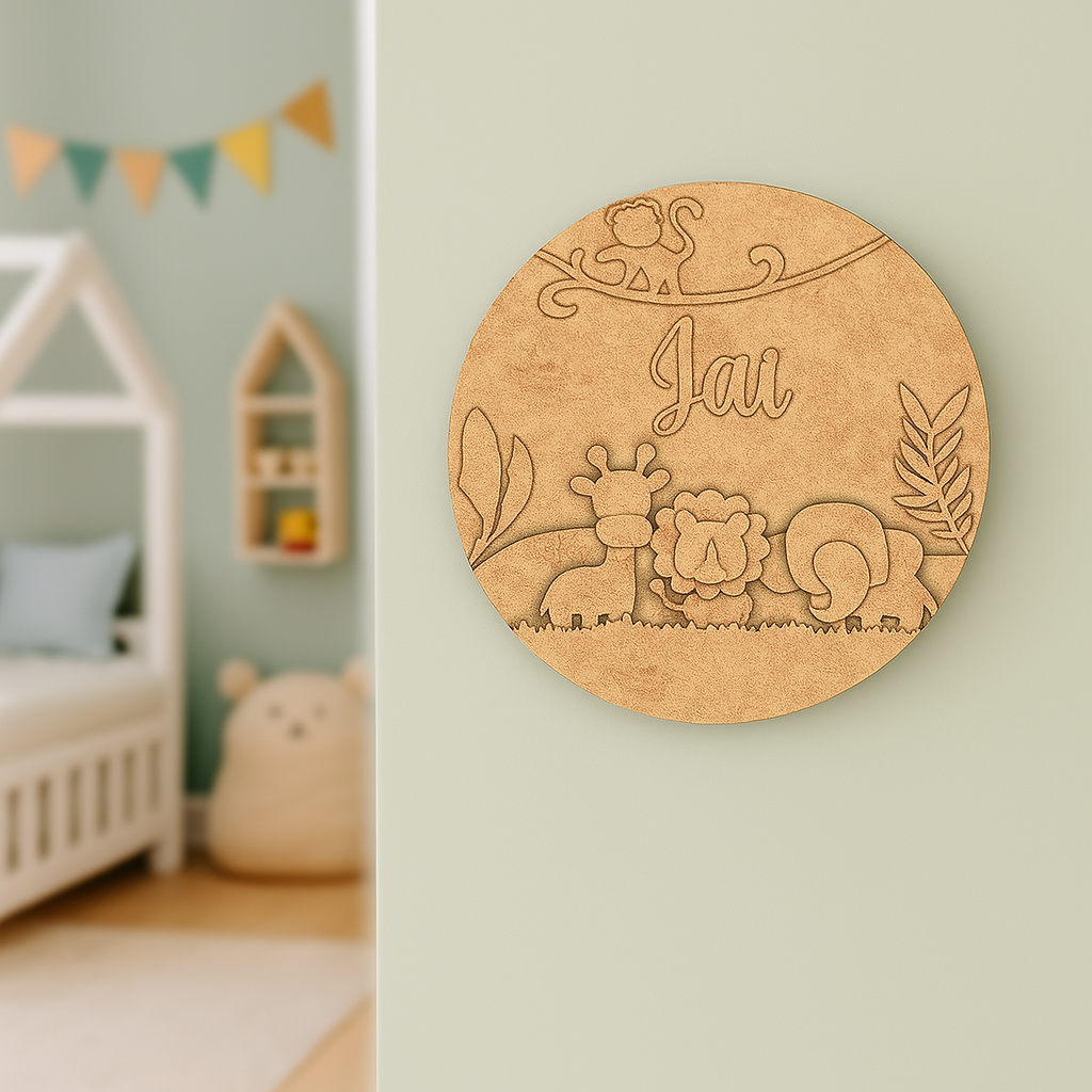 DIY Jungle Theme MDF Name Plate with Engraved Animals – Personalized Craft Base for Kids uncoloured.
