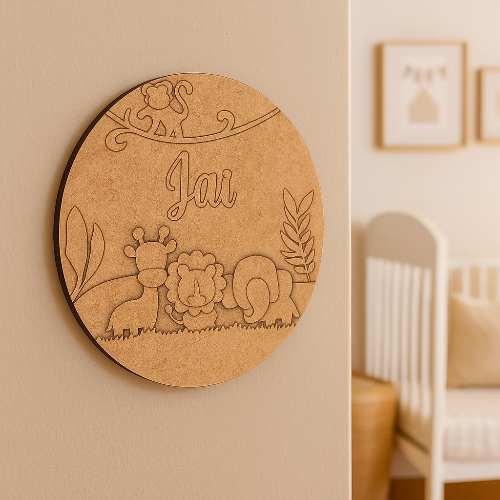 DIY Jungle Theme MDF Name Plate with Engraved Animals – Personalized Craft Base for Kids uncoloured.