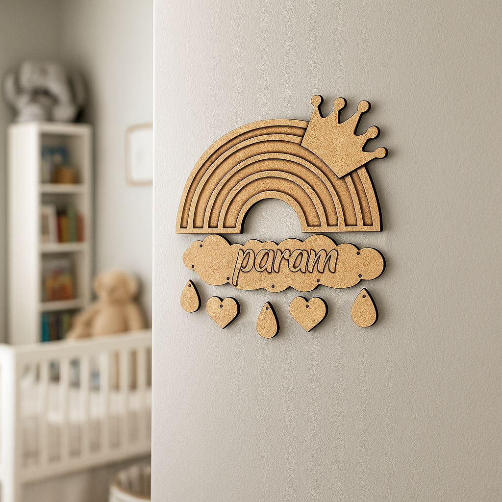 DIY MDF Rainbow Name Plate with Crown & Hearts – Personalized Engraved Craft Base for Kids uncoloured.