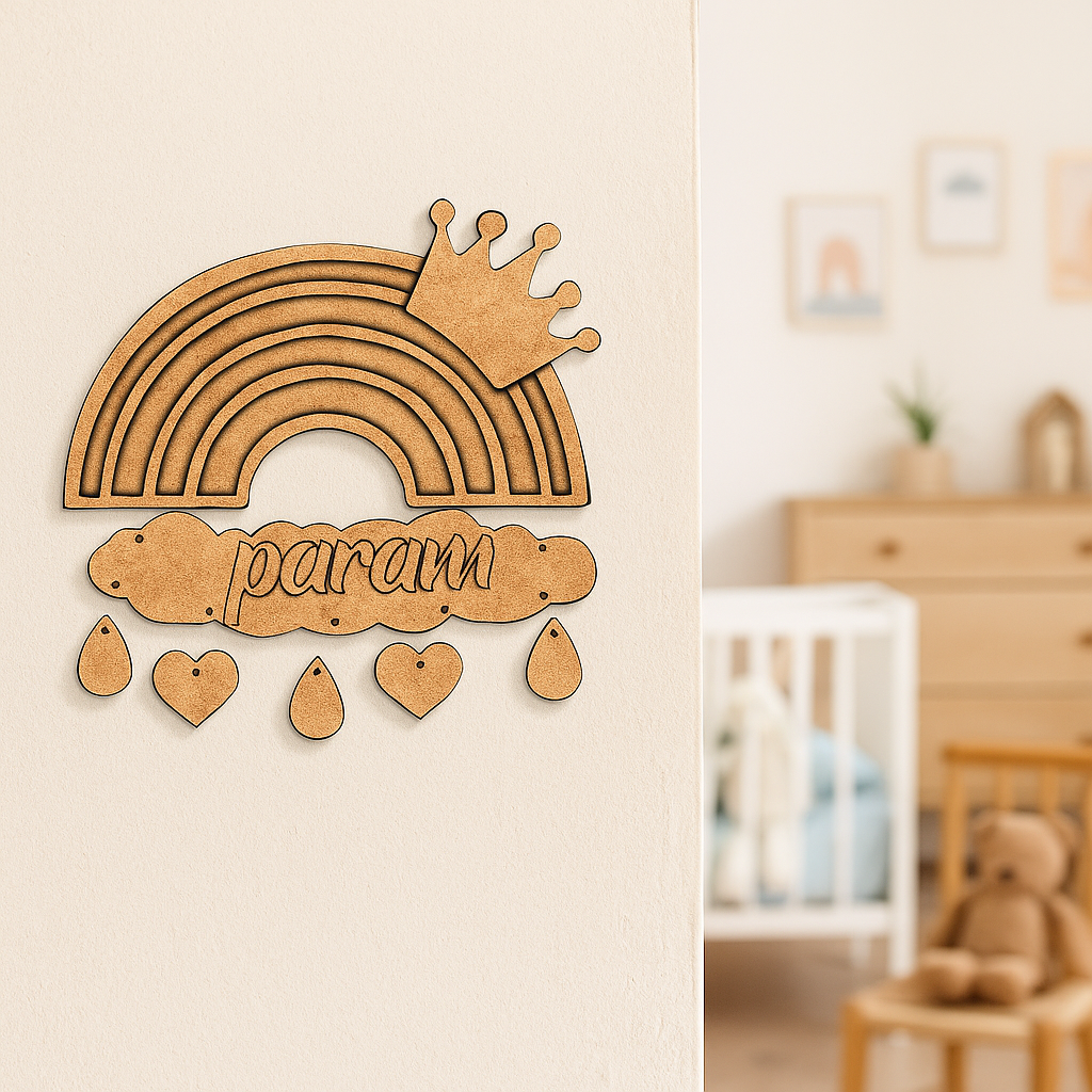 DIY MDF Rainbow Name Plate with Crown & Hearts – Personalized Engraved Craft Base for Kids uncoloured.