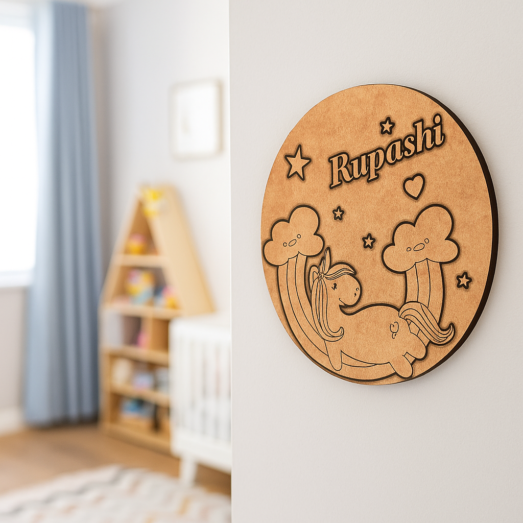 DIY MDF Unicorn Name Plate for Kids – Custom Engraved Rainbow & Stars Design Uncoloured.