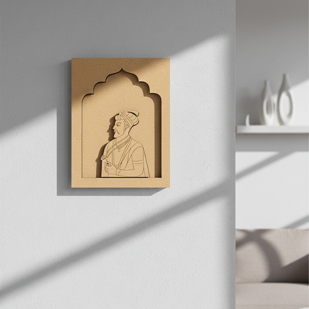Mughal emperor MDF wall art with floral detailing and royal attire, perfect for wall décor.
