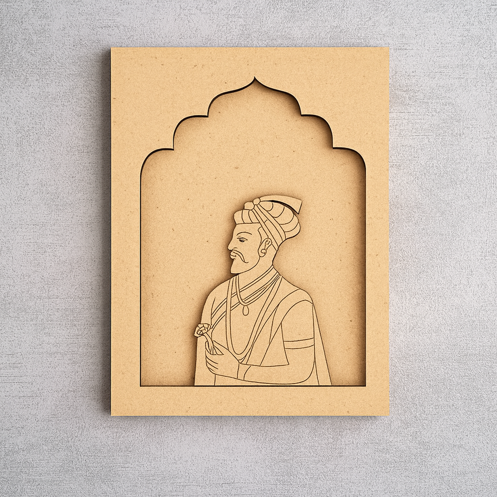 Mughal emperor MDF wall art with floral detailing and royal attire, perfect for wall décor.