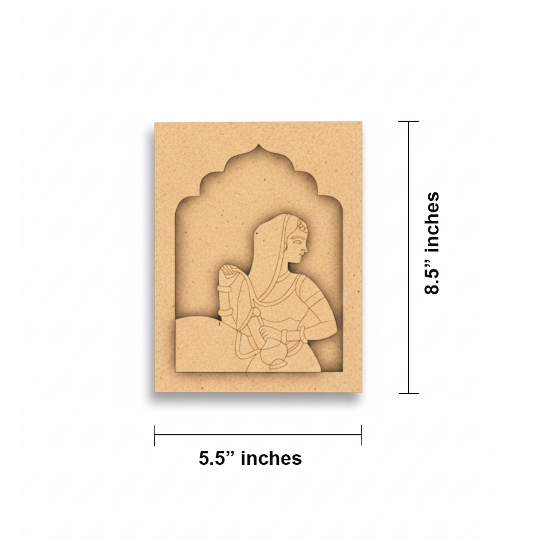Unfinished MDF craft base wall hanging with Rajasthani lady design – DIY art piece for painting and decoration.