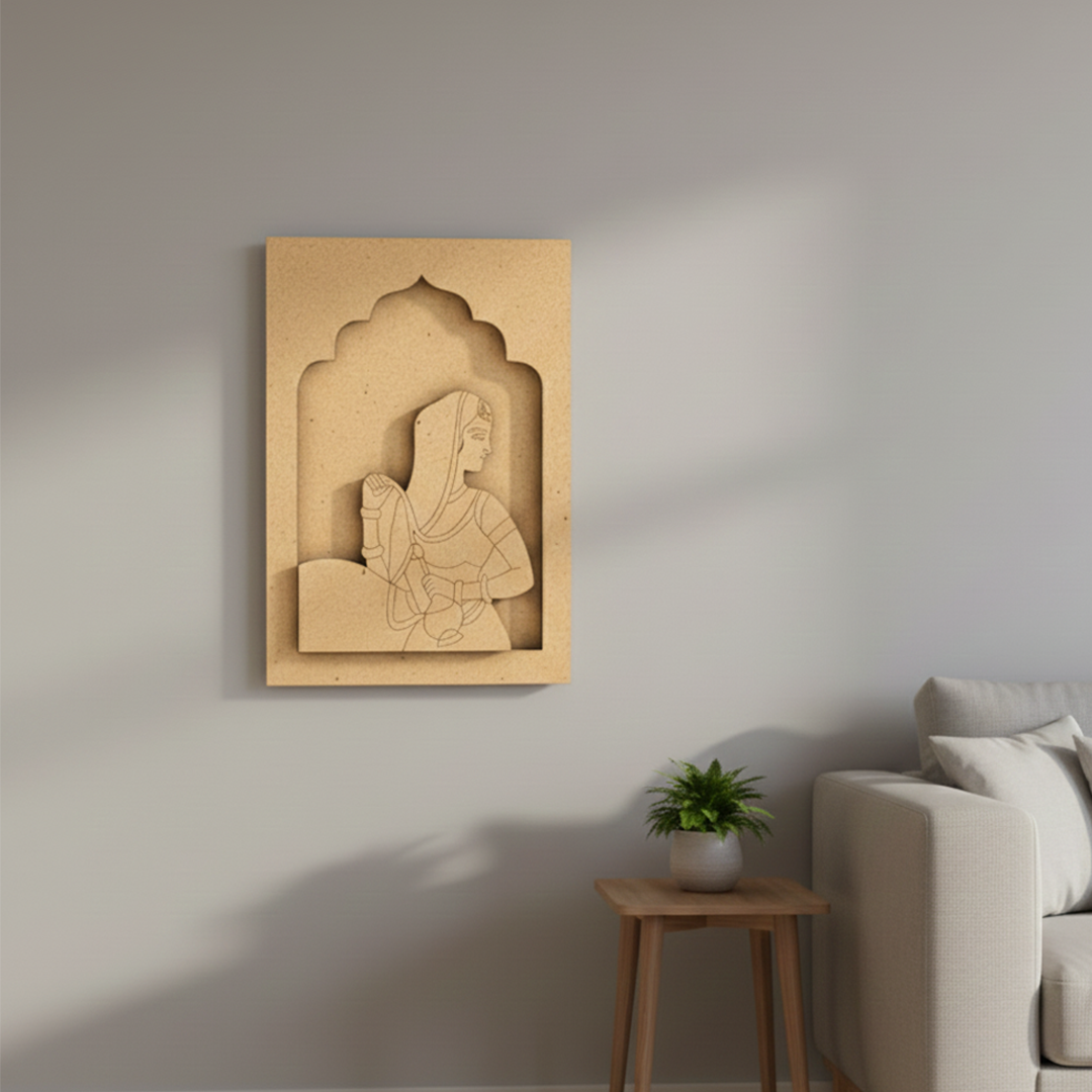 Unfinished MDF craft base wall hanging with Rajasthani lady design – DIY art piece for painting and decoration.