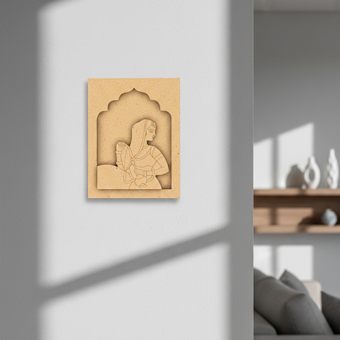 Unfinished MDF craft base wall hanging with Rajasthani lady design – DIY art piece for painting and decoration.